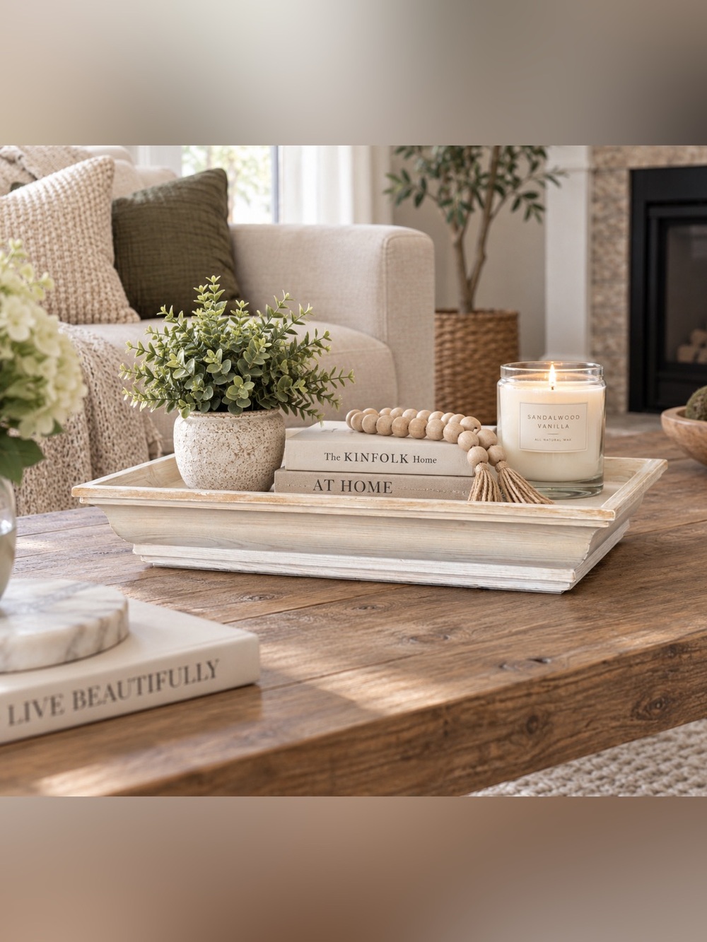 Whitewashed Wood Decorative Tray Farmhouse Neutral Home Decor
